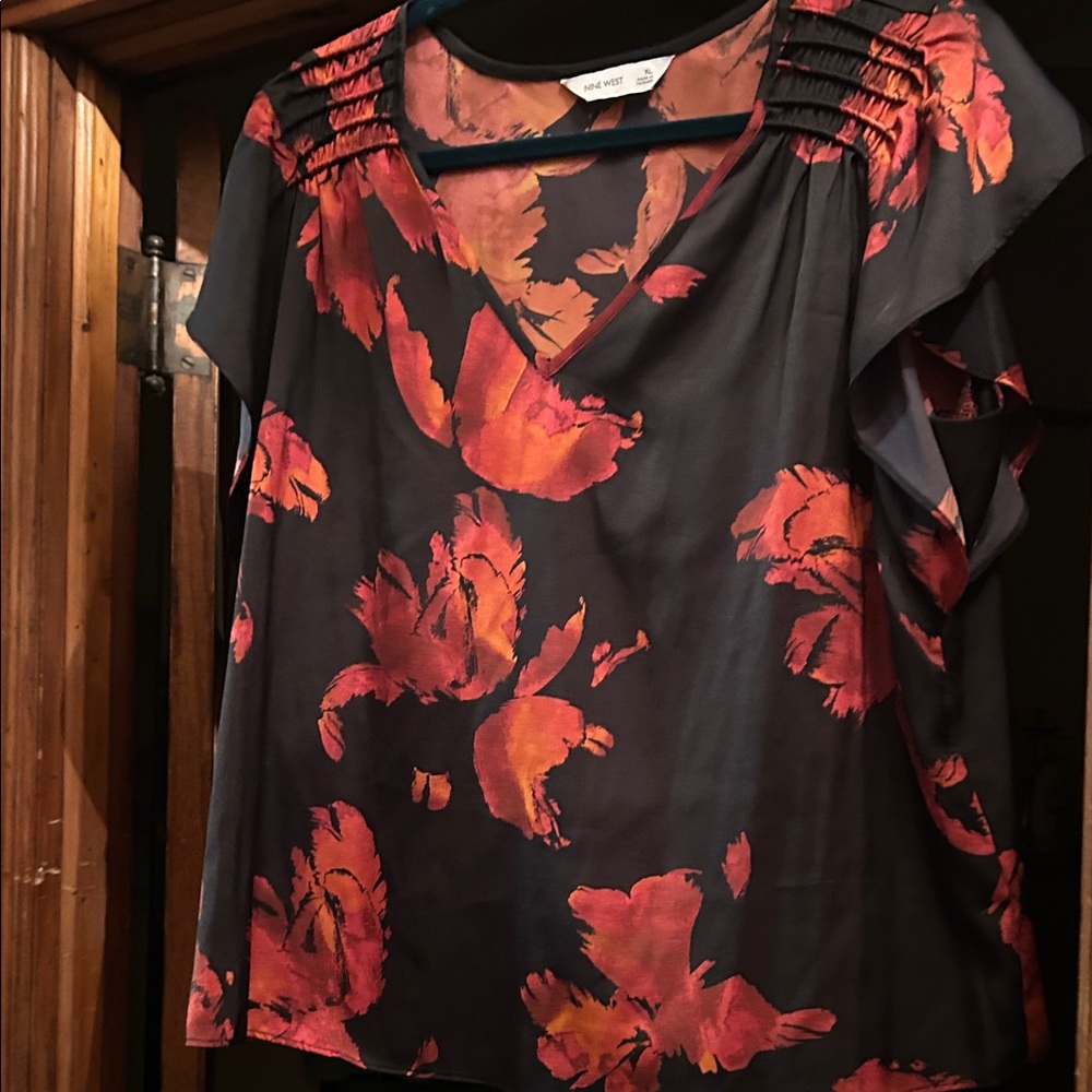 Nine West Black and Red Floral Blouse